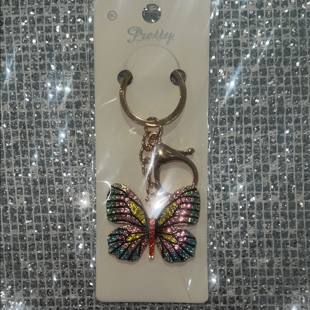 Multicolor Crystal Butterfly Keyring with Gold Hardware